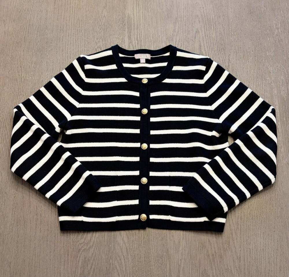 J.Crew Emilie Sweater Lady Jacket Black Ivory Stripe Gold Buttons M - Picture 2 of 9
